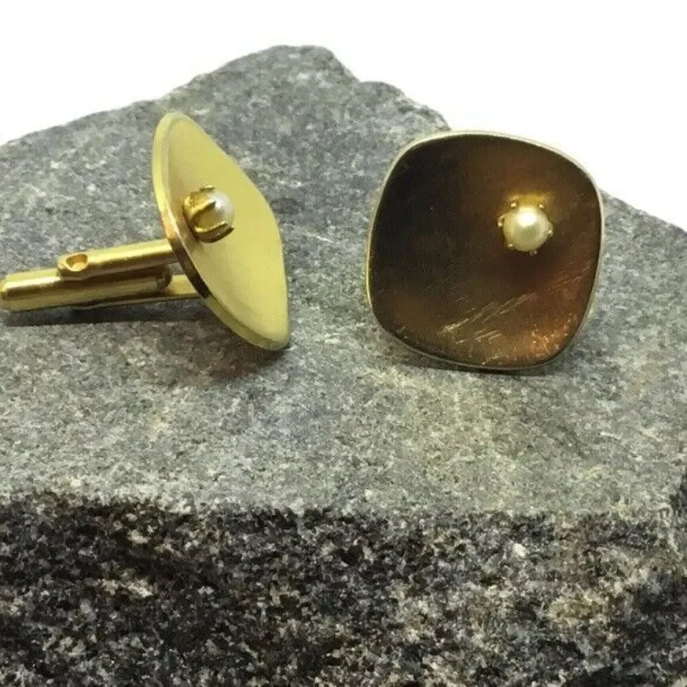 Vtg Cufflinks Concave Geometric Mid Century Gold‎ Tone W/ Pearls MCM Luxury